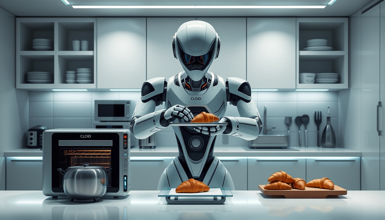 LG CLOiD home robot in a modern kitchen, demonstrating its ability to learn and adapt to its environment