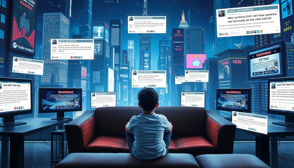 Social media warning labels displayed on a smartphone screen
