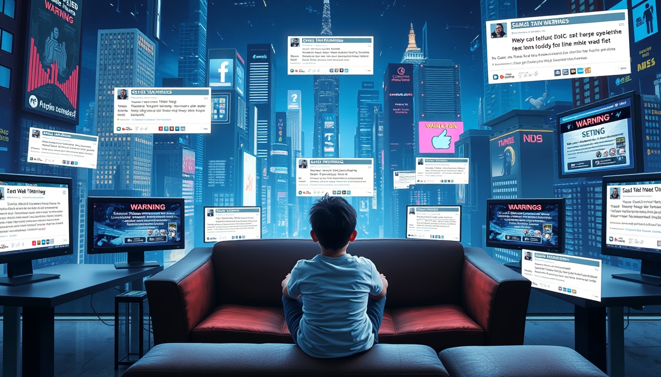 Social media warning labels displayed on a smartphone screen